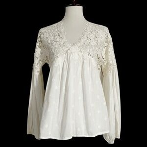Free People Lace‎ Long Sleeve V Neck Boho Peasant Blouse Top Sz Small